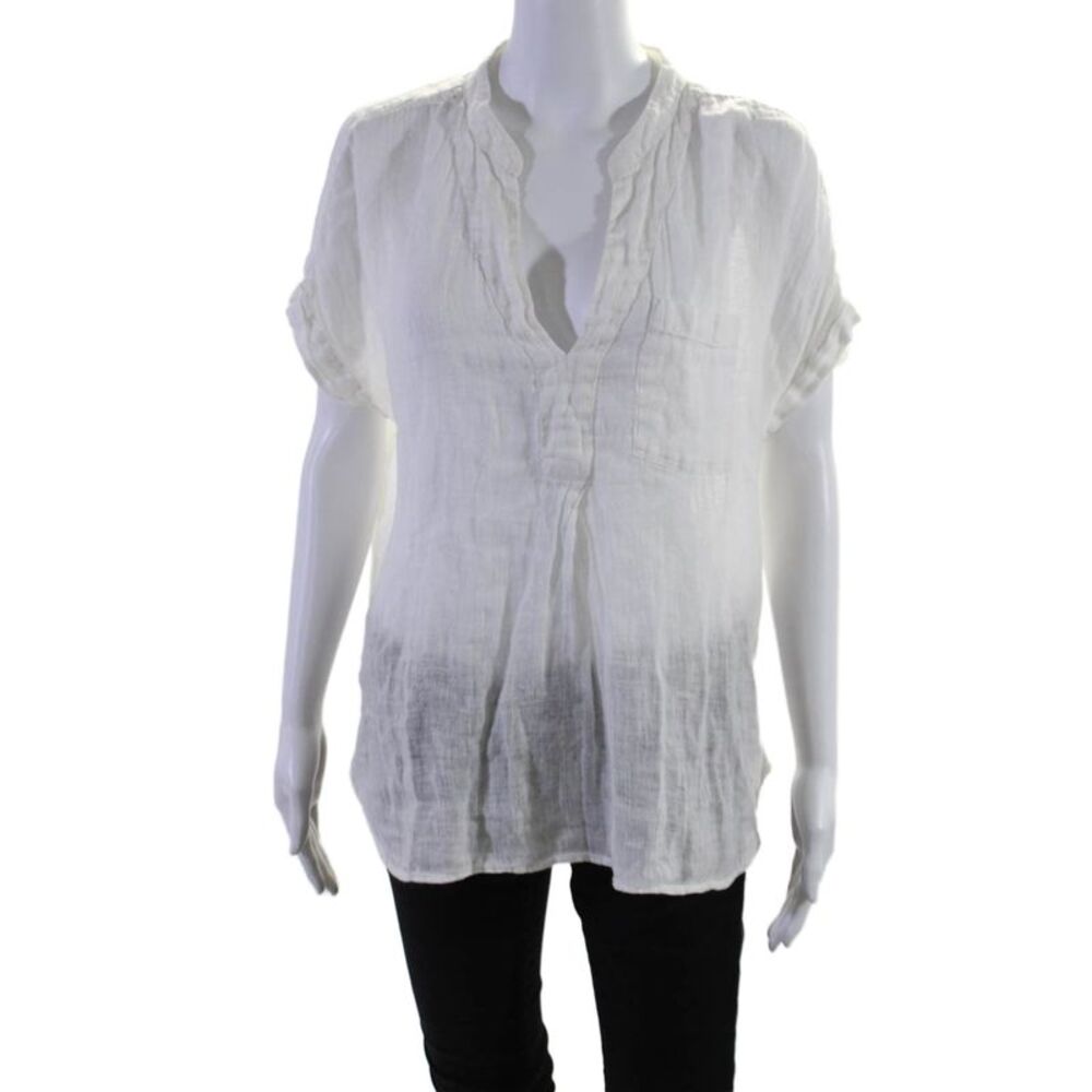White Label Womens Linen Short Sleeve V-neck Basic Blouse White Size 10